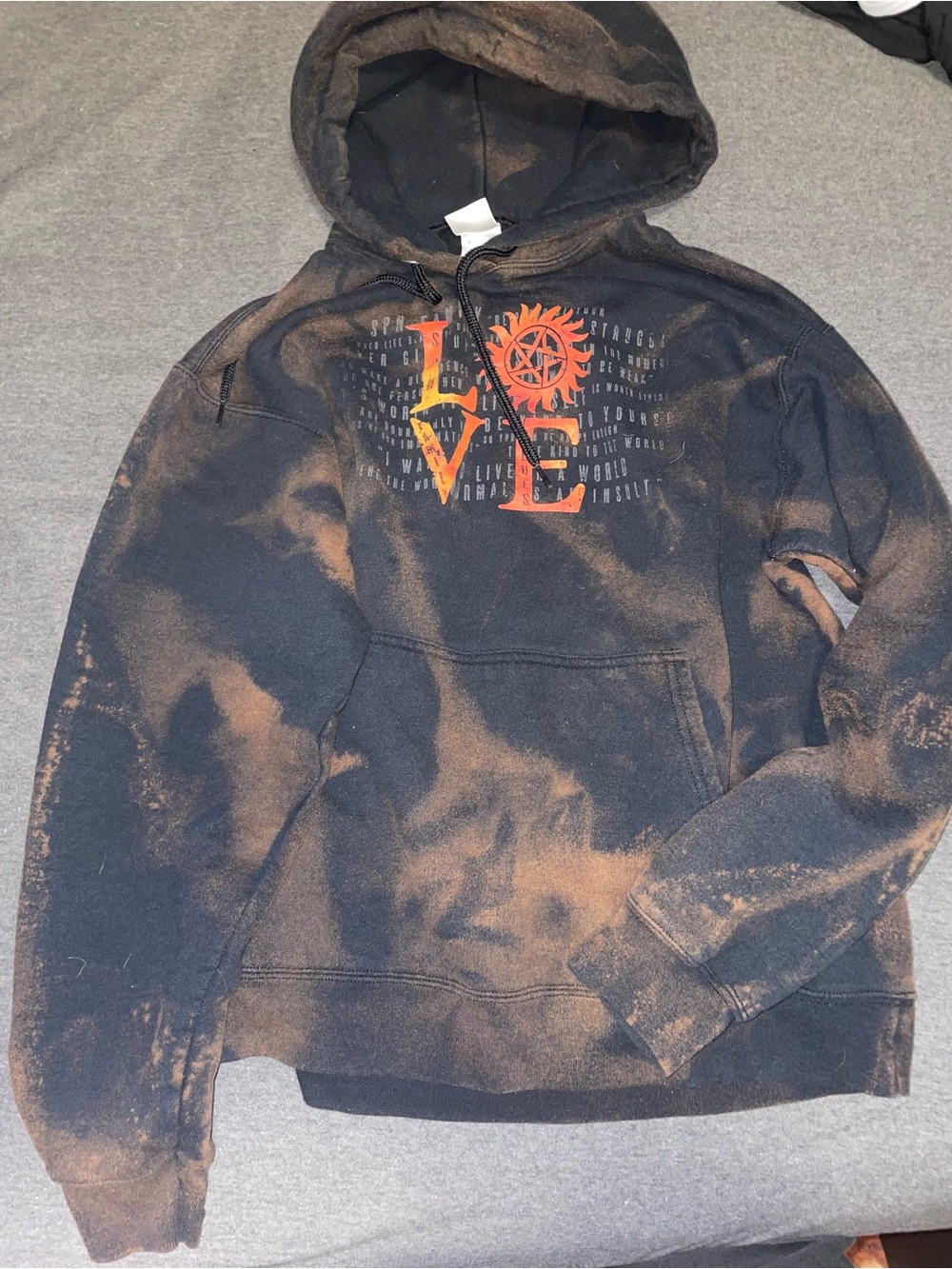 Supernatural Black Bleach-Dyed Hoodie with ‘LOVE' Graphic size medium
